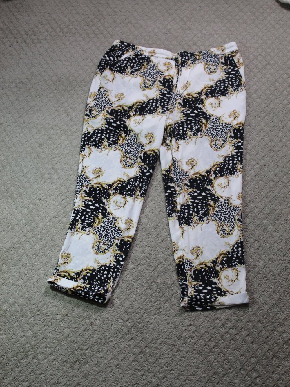 Naked Zebra Sz L White Black Gold Filagree Silky Cuffed Pull On Drawstring Pants
